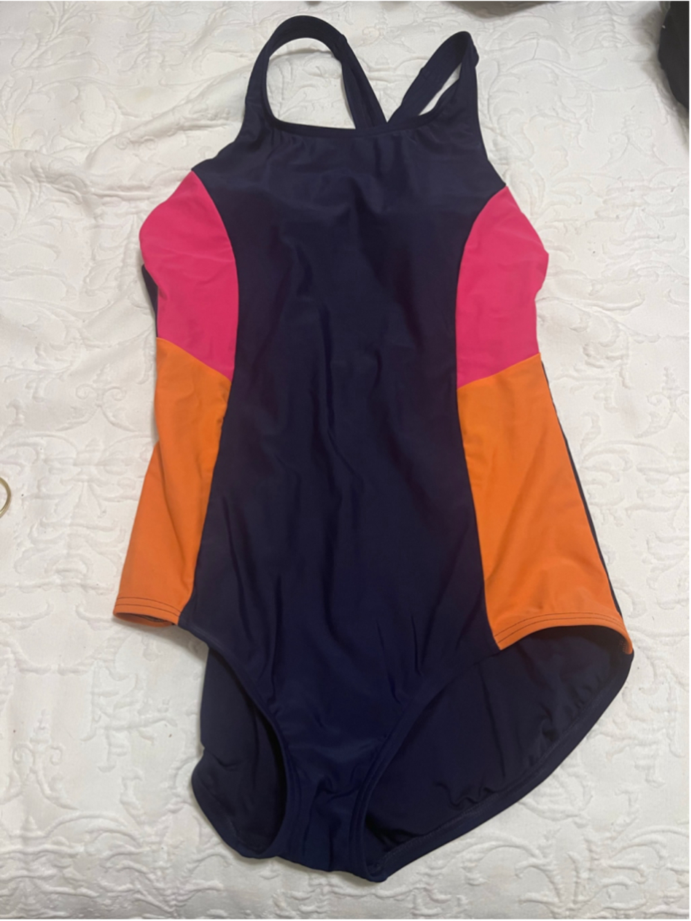 Women's Lands' End One Piece Swimsuit Navy Pink Orange Size M